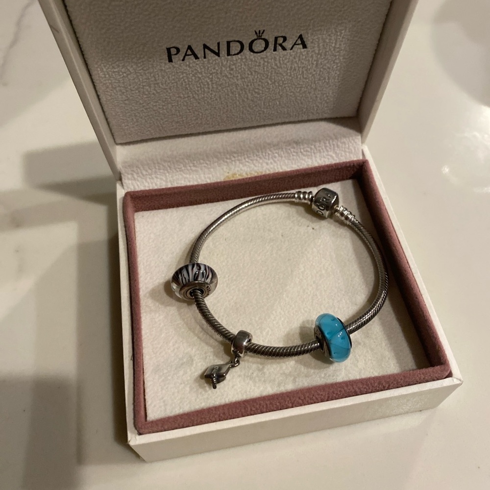 Pandora bracelet 7.5” , a graduation charm and 2 glass charms.